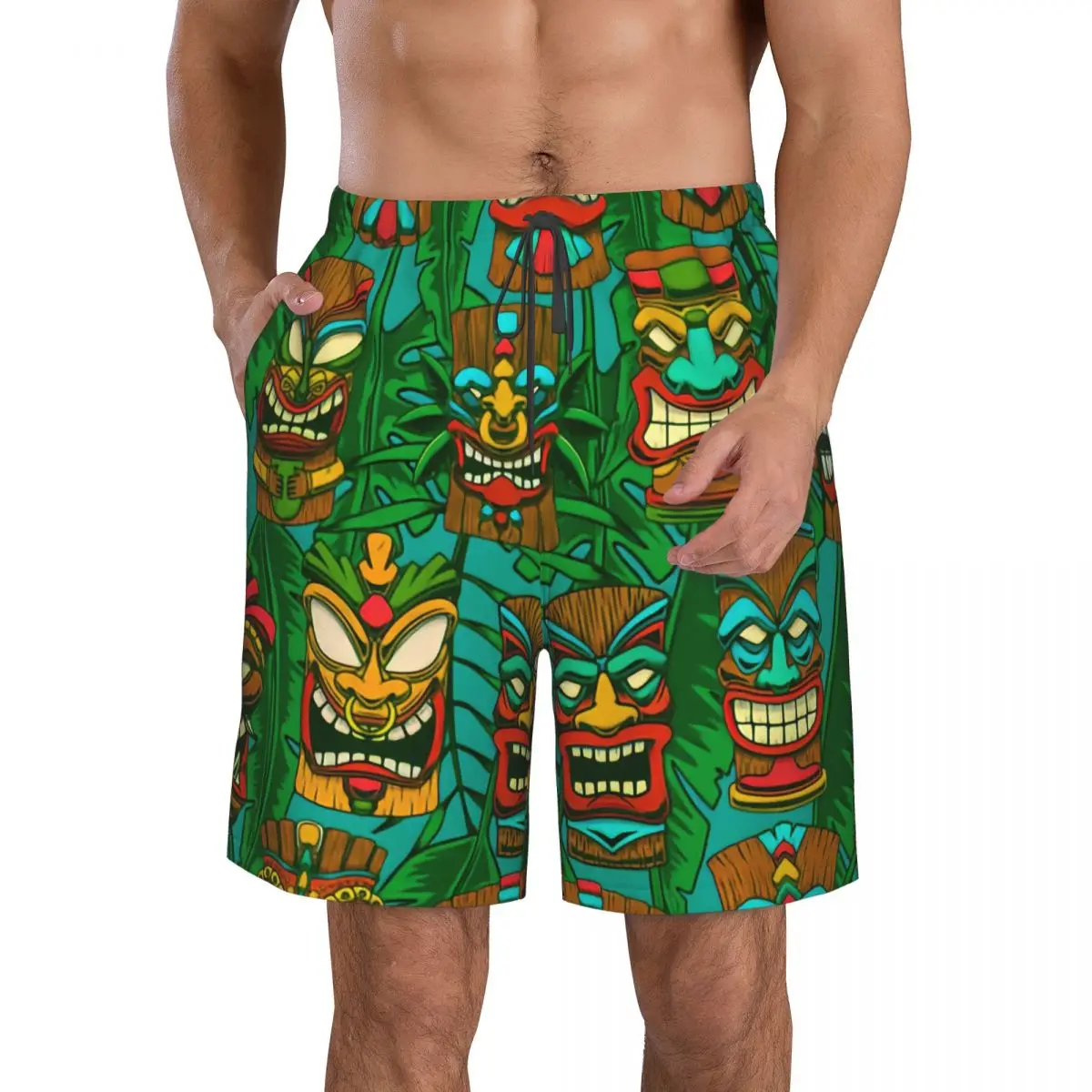 

Tiki Idols And Palm Leaves Element Мужской купальник Плавки-боксеры Пляжные быстросохнущие шорты для плавания
