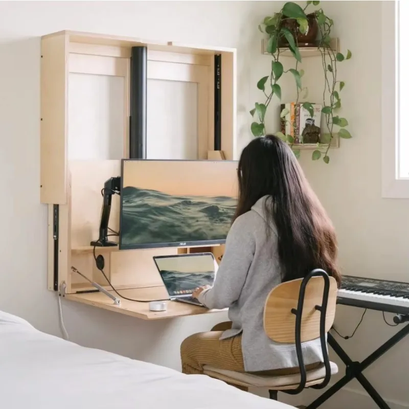 Wall-mounted Fold-away Electric Lifting Sit-stand Plywood Eco-Friendly Portable Home Computer Desk Storage Adjustable Height OEM