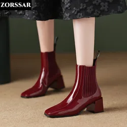 2024 INS Patent Leather Red Chelsea Ankle Boots Women Paris Fashion Square Toe Shoes Woman Dress Party Boots Plus Size 34-41