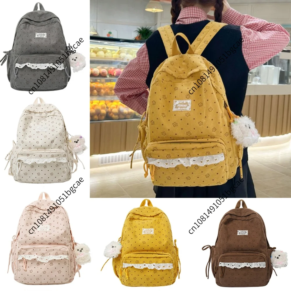 Polka Dot Print Cute Preppy Bag with Plush Pendant Laptop Daypack Lace Trim Cottagecore for Travel Commute Women Girls