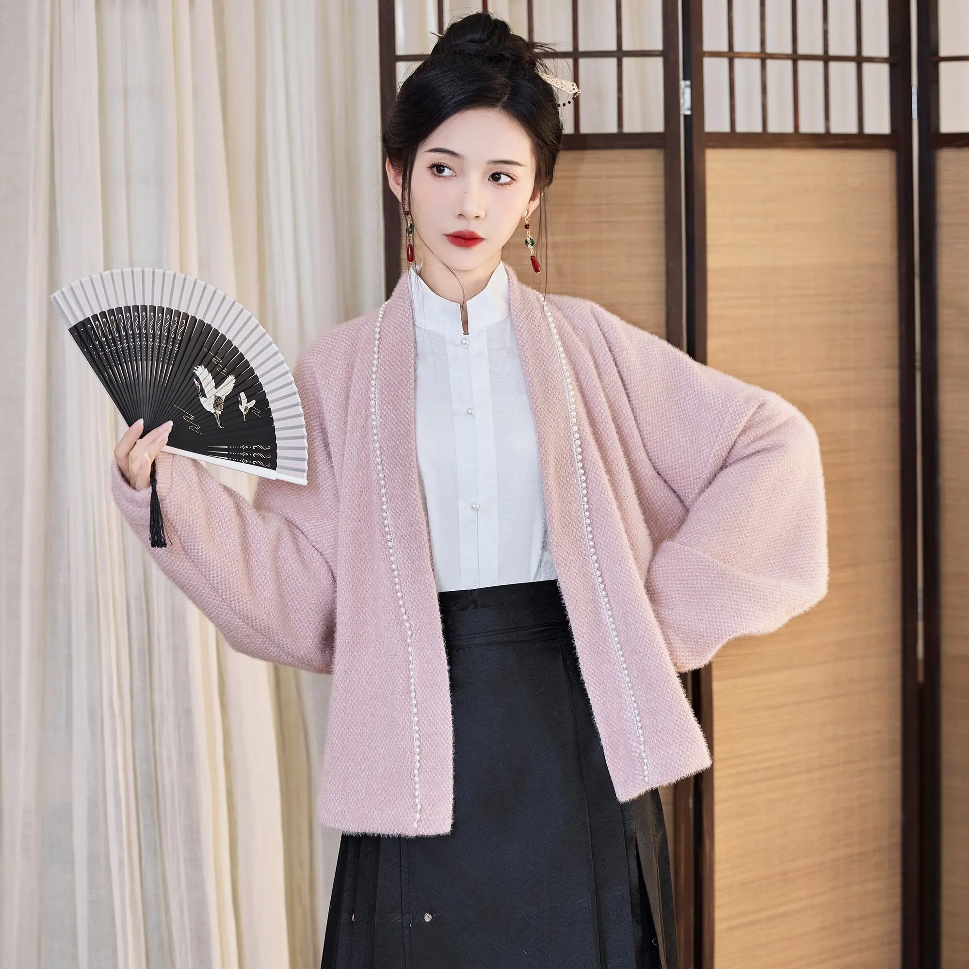 New Chinese Style Hanfu All-Match Particle Mink Velvet Thick Outerwear Hanfu Button Airplane Sleeve Daily Commute Top