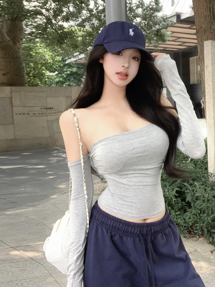Sexy Short Sleeveless T-shirt Women's Slim Fit Knitted Casual Fashion Top Shoulder Bared One-Shoulder Long Sleeve  Dress
