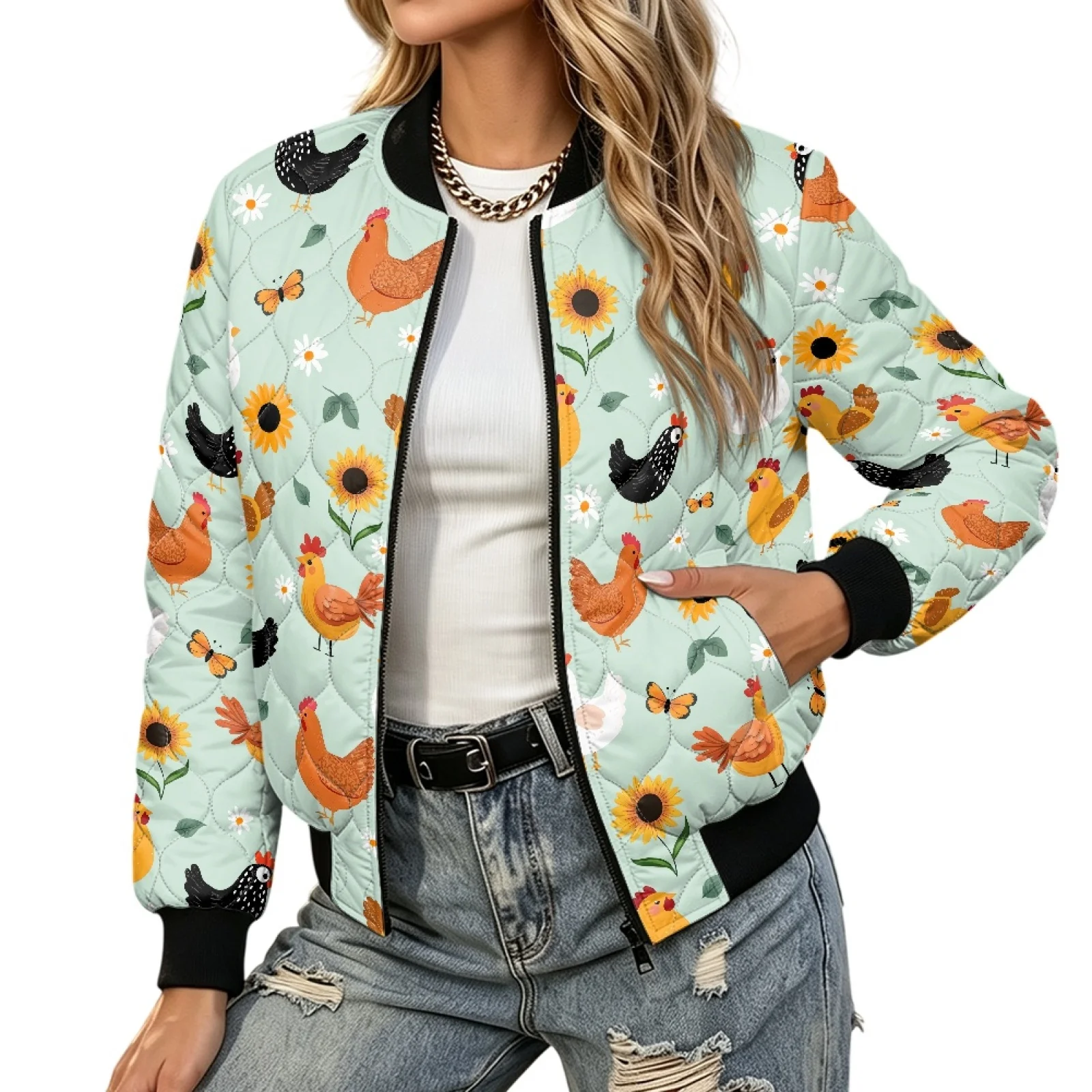 PENSTROLL Chicken Women Casual Wear Padded Zipper Bomber Outerwear Water-Resistant Coat Outerwear for Travel