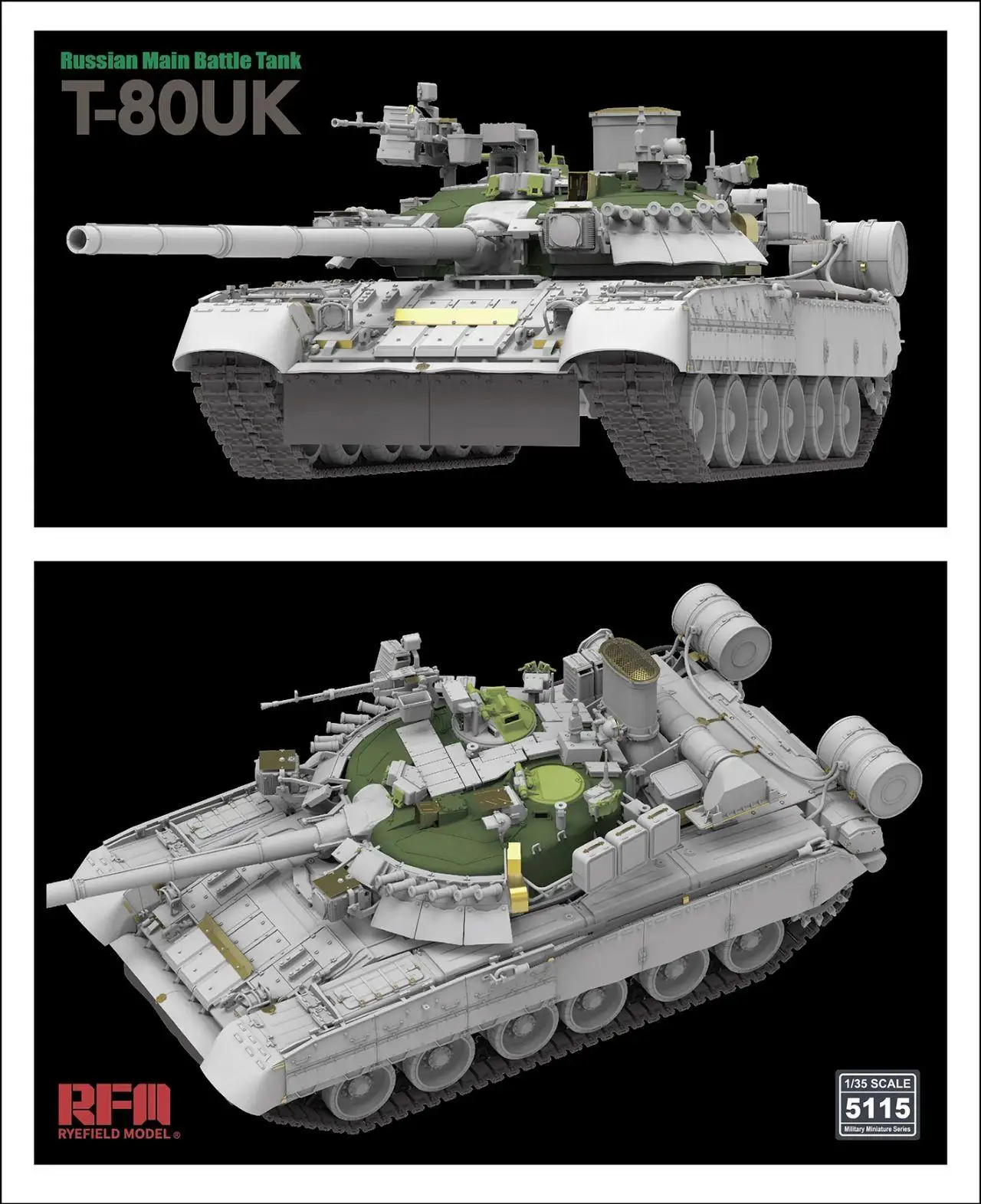 RYEFIELD 5115 1/35 Scale Russian Main Battie Tank T-80UK An Empty Shell Model