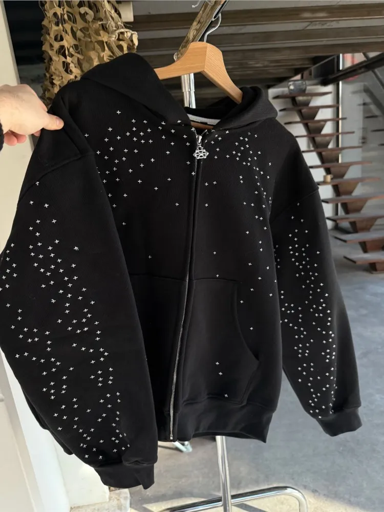 Street Classic Black Harajuku Design Zipper Hooded Men's Hip-hop Harajuku Y2k Personality Casual Retro Couple Cardigan Jacket