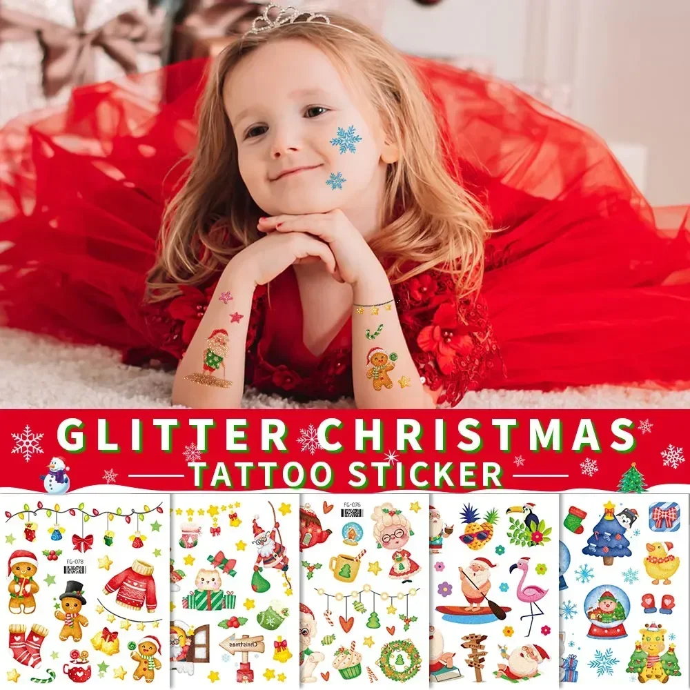 Glitter Christmas Temporary Tattoo Stickers For Kids Women Body Art Tattoo Waterproof Fake Tattoo Snowman Santa Claus Stickers