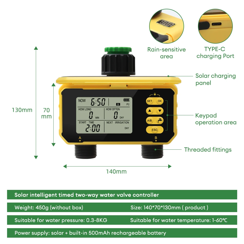 Two Outlet  Solar Energy  Smart Watering Timer Sprinkler Irrigation Pump Controller with Rain Sensor and Child Lock  for Garden