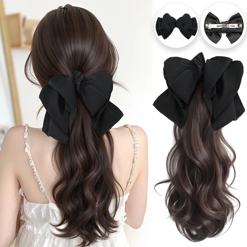 

Bow low ponytail female wig female long curly hair natural simulation grab clip low tie wig braid