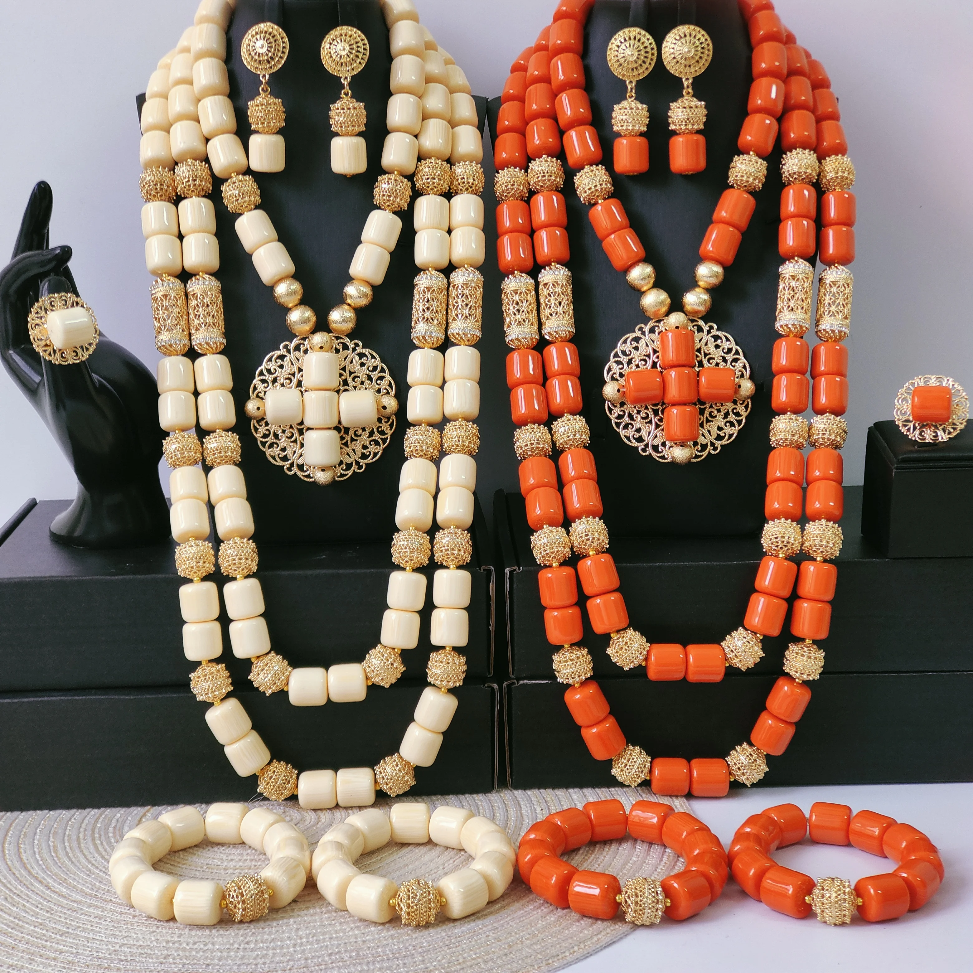 African Wedding Beads Orange/White Artificial Coral Necklace Jewelry Set for Woman