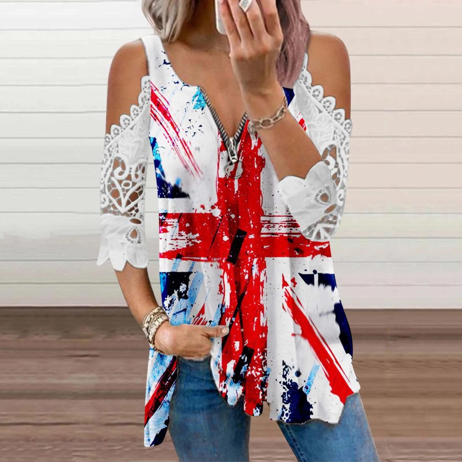 

Women's Independence Day Vintage 3d Print T-shirt Female Fashion USA Flag Short Sleeve Casual Tops Tees Sexy Tee Women Clothing