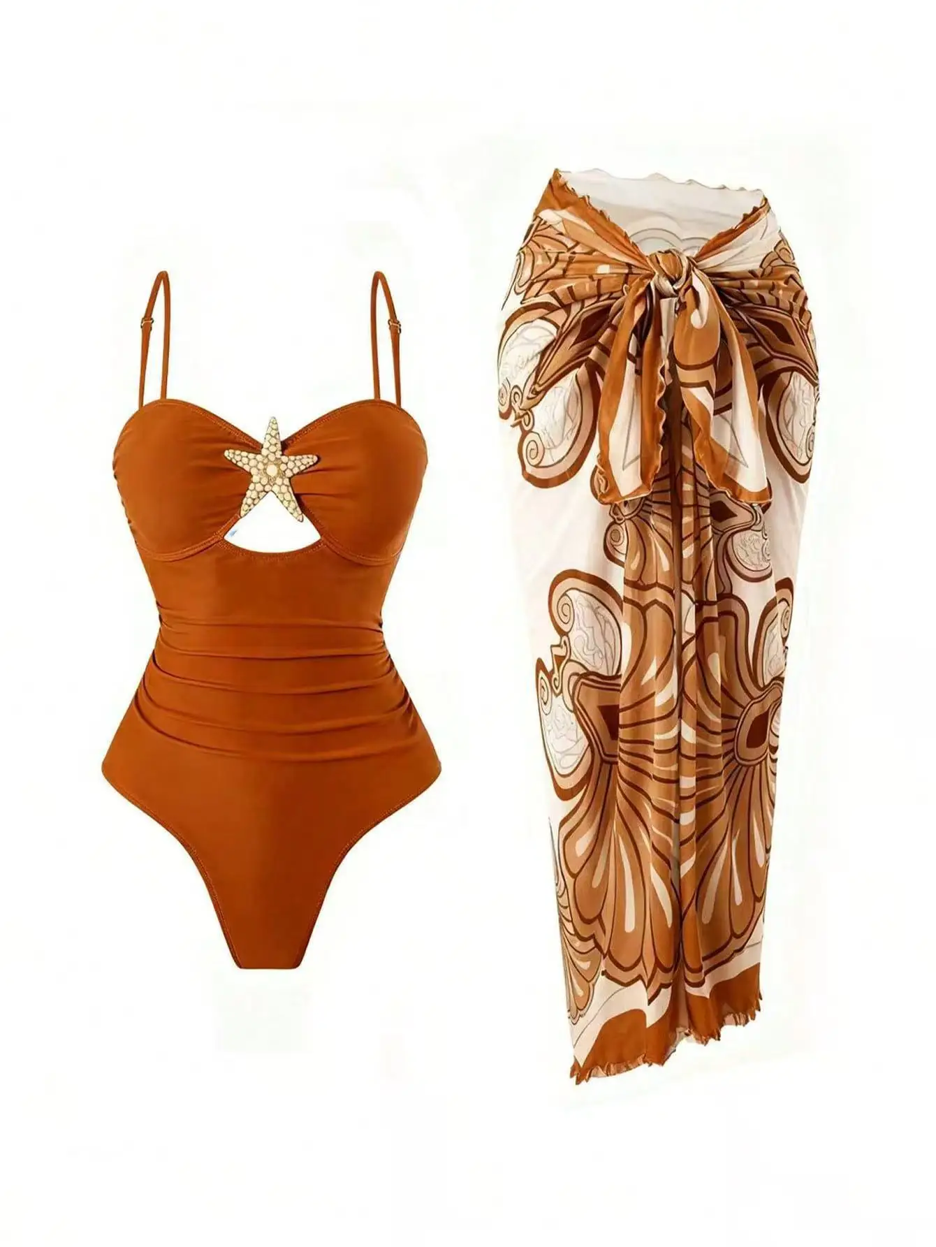 sexy starfish hollow out swimsuits bodysuits two pieces with print long cover skirt bathing suit swimwear biquini tankini