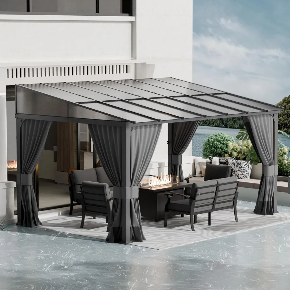 

10x14FT Wall Mounted Gazebo Hardtop Metal Frame Double Curtains Sloping Roof Patio Garden Gray Custom