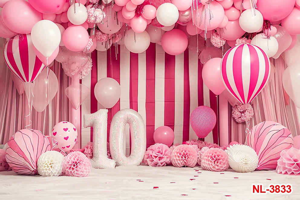 الوردي حفلة عيد ميلاد كعكة سحق بريق 10th 9th 8th الخلفيات التصوير الفوتوغرافي الهدايا الفتيات بالونات الخلفيات استوديو فوتوزون