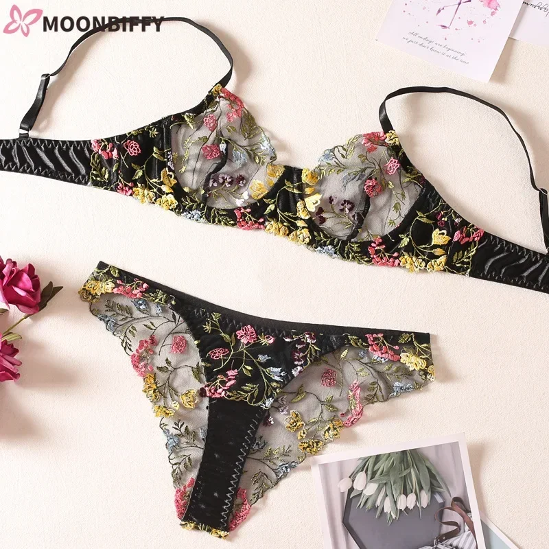 Floral Embroidery Transparent Bra Sexy Lingerie Woman 2 Pieces Lace Transparent Set Delicate Underwear Steel Hoop Bra