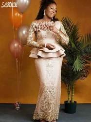 Plus Size Arabic Aso Ebi Champagne Evening Dress Party Applique Mother Of Elegant Long Sleeve Customized Gown Vestido De Gala