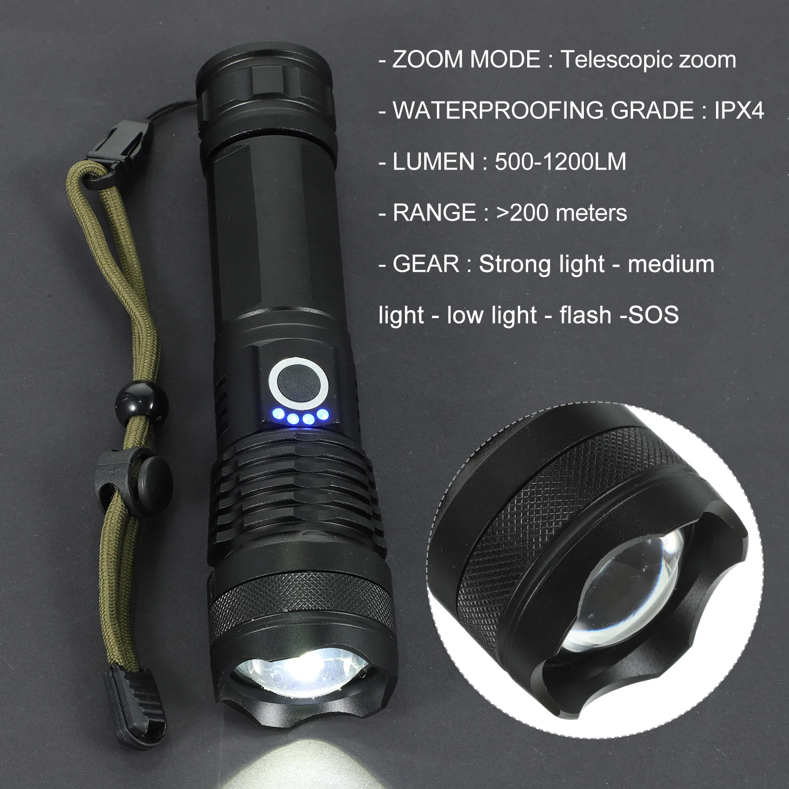 1 قطعة قابلة للشحن الأسود LED الأضواء التكبير المحمولة التخييم المشي لمسافات طويلة في الهواء الطلق مصباح يدوي وقت عمل طويل دائم #3