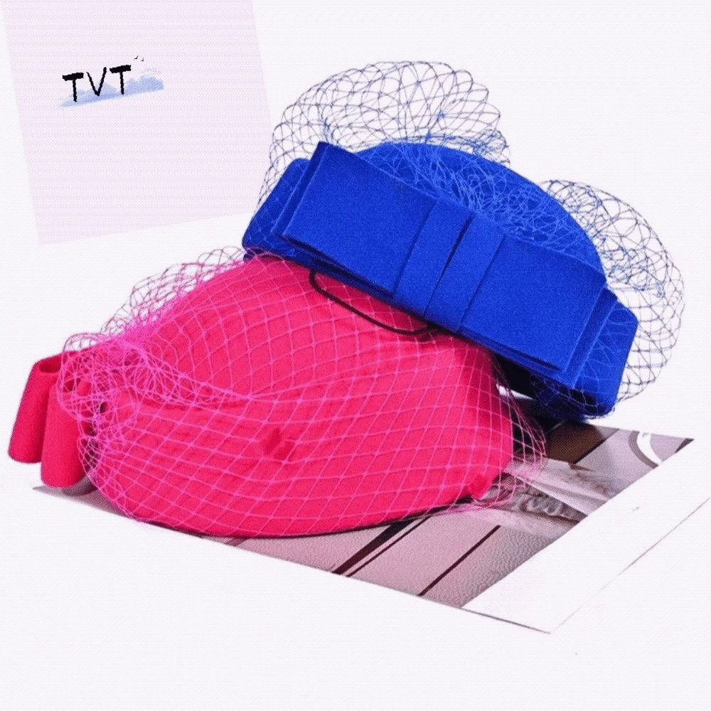 

Vintage Mesh Wool Bow Hat with Veil British Style Cashmere Pillbox Hat Photography Decoration Warm Stewardess Cap Bride