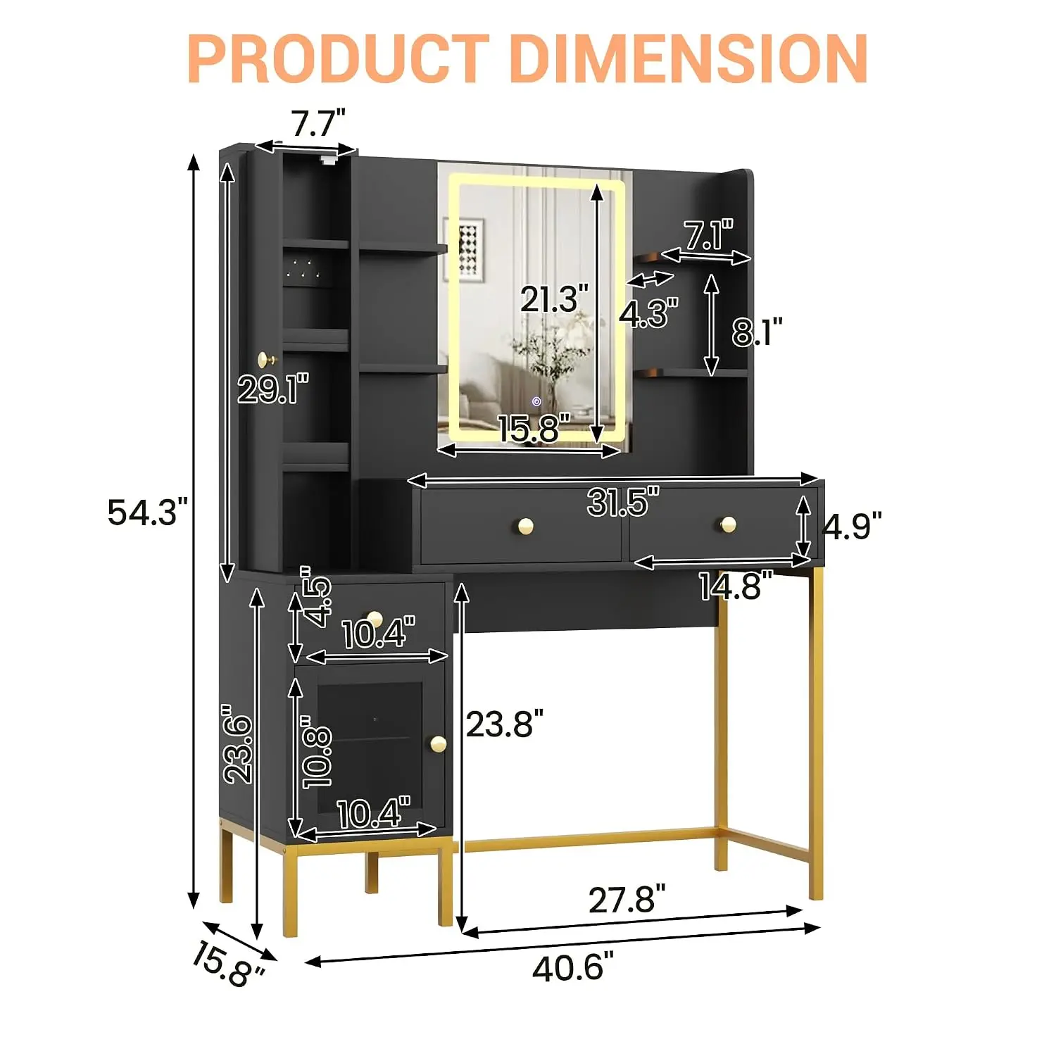 LED Lighted Vanity Desk with Jewelry Storage, Black, Customized