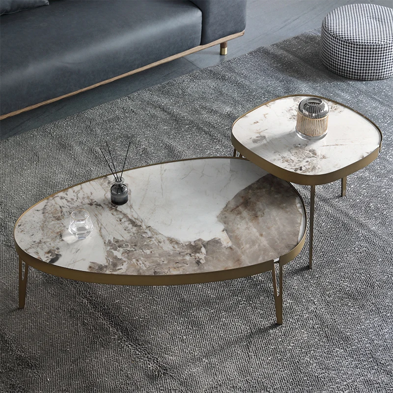 Light Luxury Shaped Stone Coffee Table Size Set Modern Minimalist Metal Coffee Table