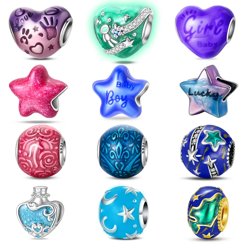 Hot Sales 925 Sterling Silver Lucky Star Moon Beads Heart Charms DIY Bracelet Decor Gift for Star & Space Lovers Jewelry Gifts