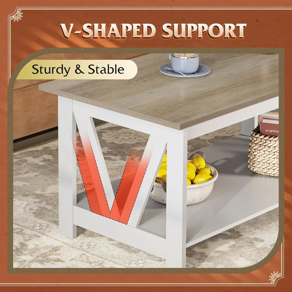 Mesa de centro con estante de almacenamiento, mesa de centro de granja de 39,4" con soporte de marco en V, mesa central rústica de madera de 2 niveles para sala de estar