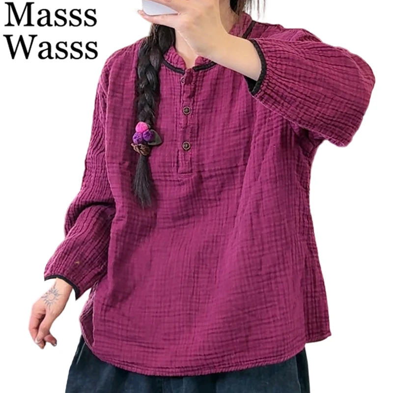 

Masss Wasss 2026, корейские весенние модные футболки с воротником-стойкой, женская свободная повседневная одежда, женские классические элегантные винтажные однотонные топы