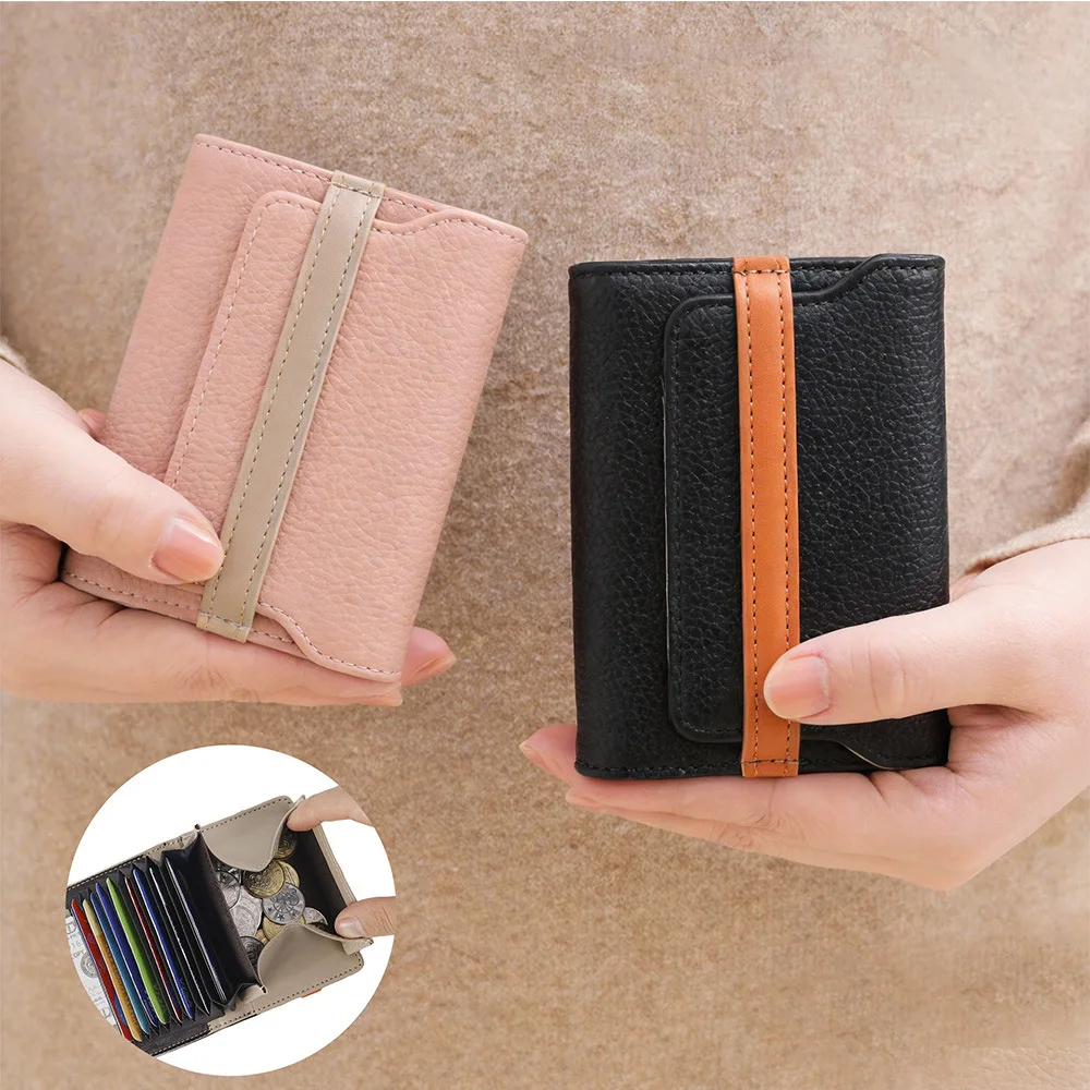Women PU Leather Small Wallet Trifold Card Holder with Strap Closure Cash Coin Pocket Ladies Daily Travel Short Clutch Purse