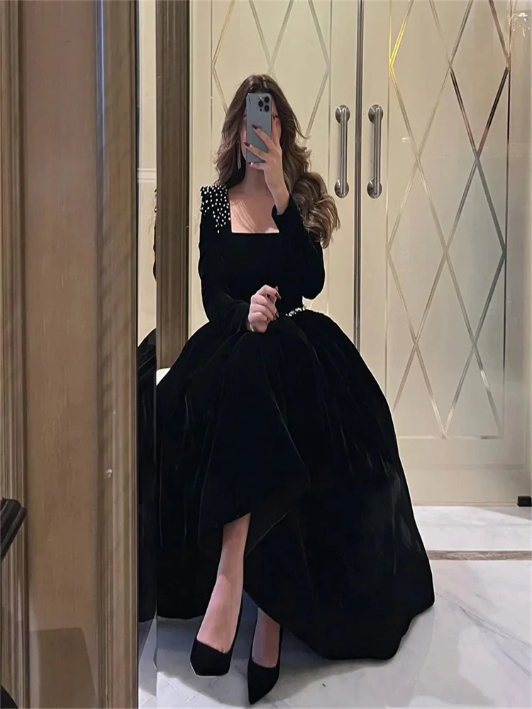 Elegant Square Neck Evening Dress Black Party Dresses Style Elegant Fashion Long Sleeveless Formal Prom Gown فساتين مناسبة رسمية