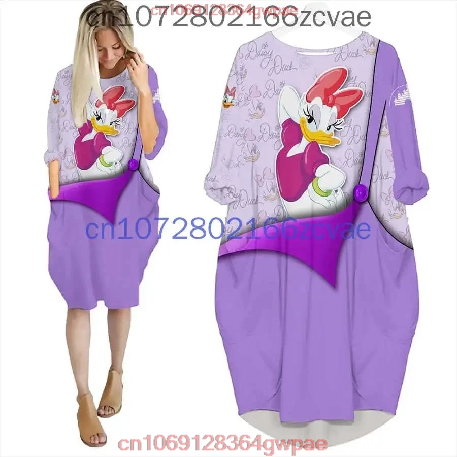 Daisy Duck Oversize Long Sleeves Pocket Dress Disney Cartoon Batwing Pocket Dress Women\'s Fashion Versatile Loose Party Dress