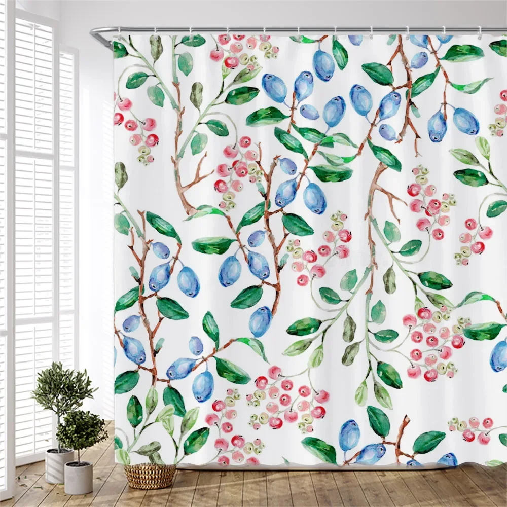 Colorful Nature Plants Leaves Shower Curtain Set Watercolor Verry Pattern on Green Background Art Home Bathroom Decor Curtains