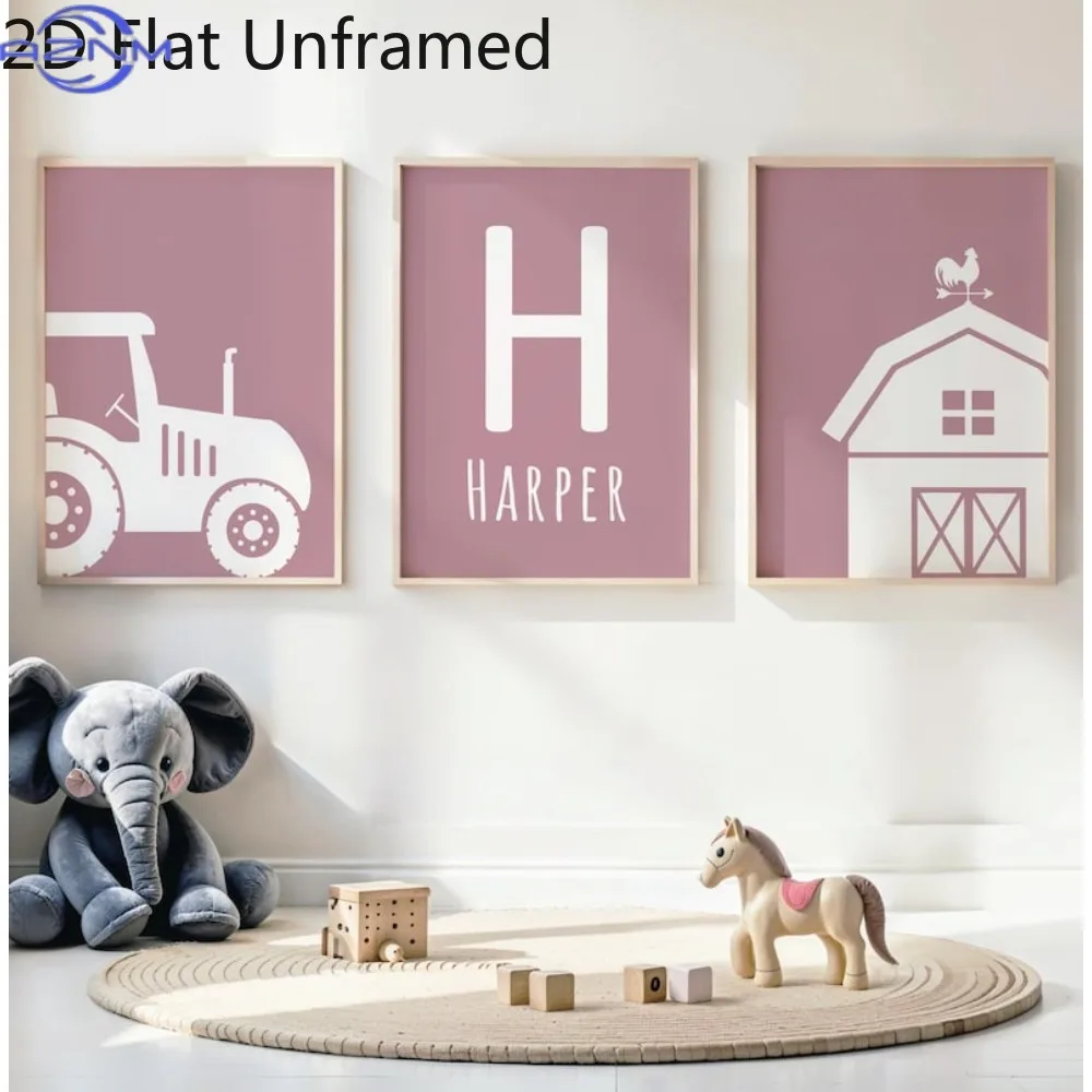 Personalized 2D Flat 3pcs Set, Unframed - Personalized Tractor Barn Nursery Wall Art, Farm Nursery Prints, Kids Construction Wa