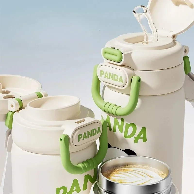 490ml Stainless Steel Thermos Bottle Cute Panda Straw Water Cup Children and Students Double Elastic Cover Sports Water Cup