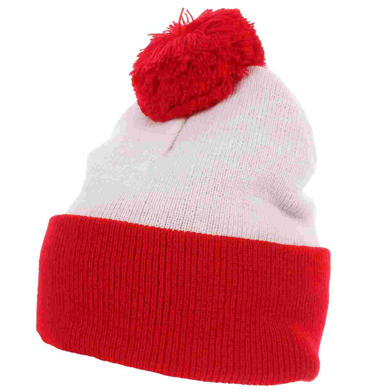 Knitted Hat Red White 2-tone Wool Cap Warm Hairball Yarn Christmas Color Match Child