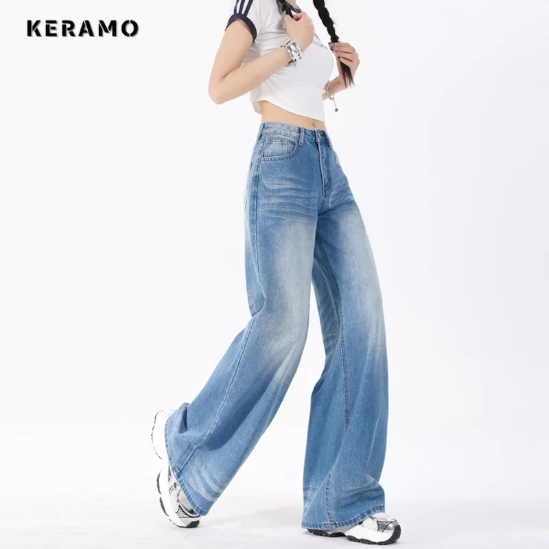 Jeans Emo de cintura alta vintage americano para mulheres, calça casual quente, calça jeans larga Y2K, perna larga, rua grunge, sexy, anos 2000