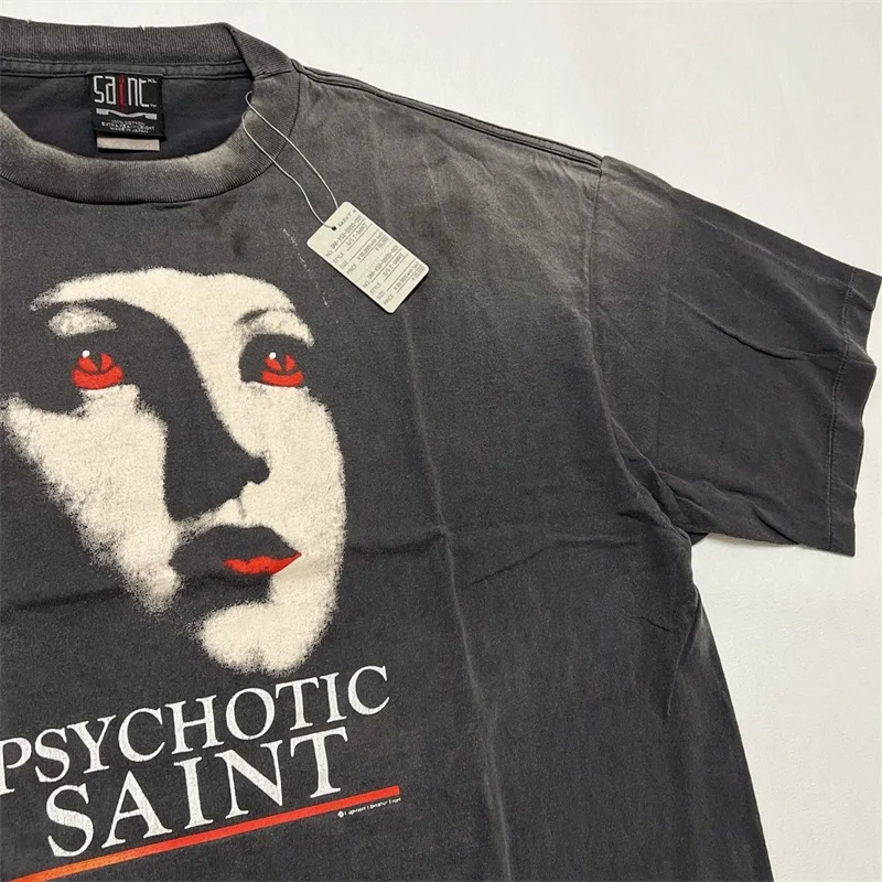 Women's Face Print SAINT MICHAEL T Shirts  Men Women 1:1 Best Quality Black Washed Hip Hop Oversized T Shirt