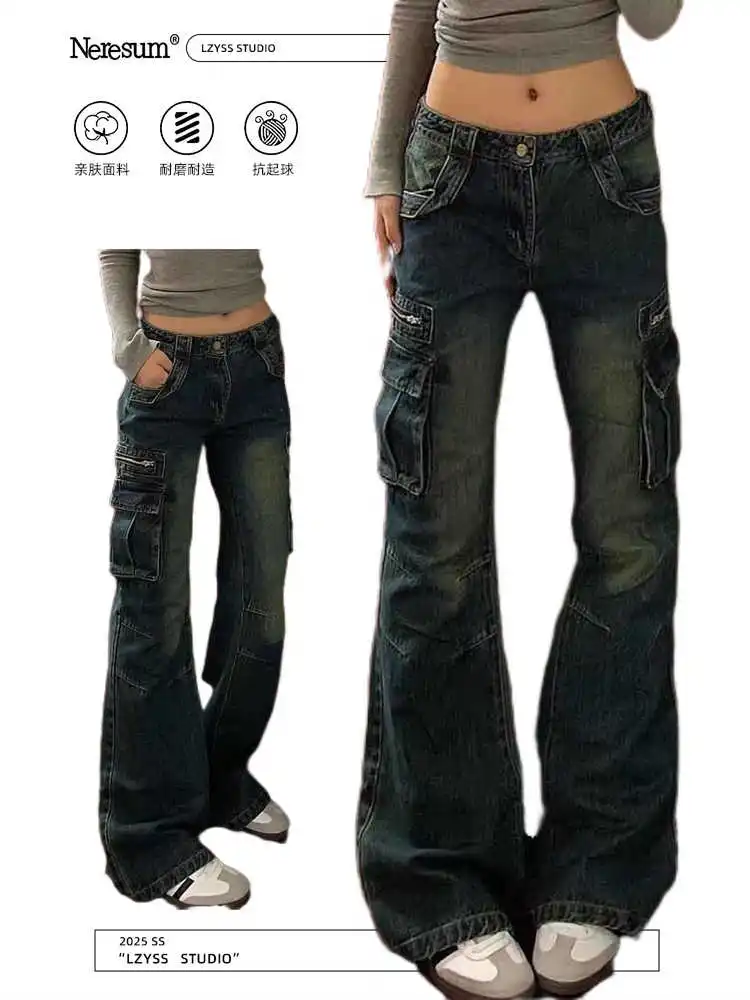 

Women's Flare Denim Pants Kpop Designer 2000s Abi Bell Bottom Low Rise Cargo Jeans Abi Long Trousers Japanese Y2k Grunge Kpop