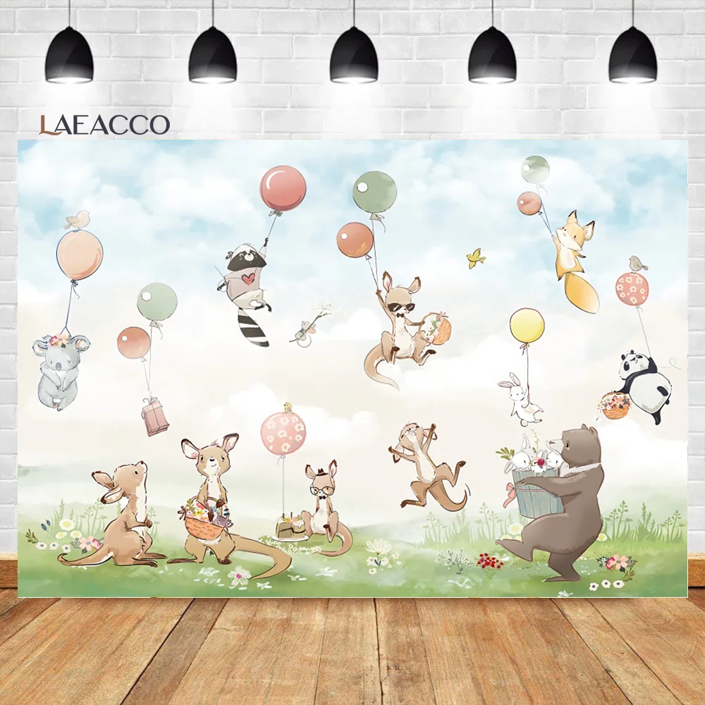 Laeacco Happy Birthday Backgrounds Hot Air Balloon Jungle Animals Safari Party Newborn Photocall Customized Photography Backdrop