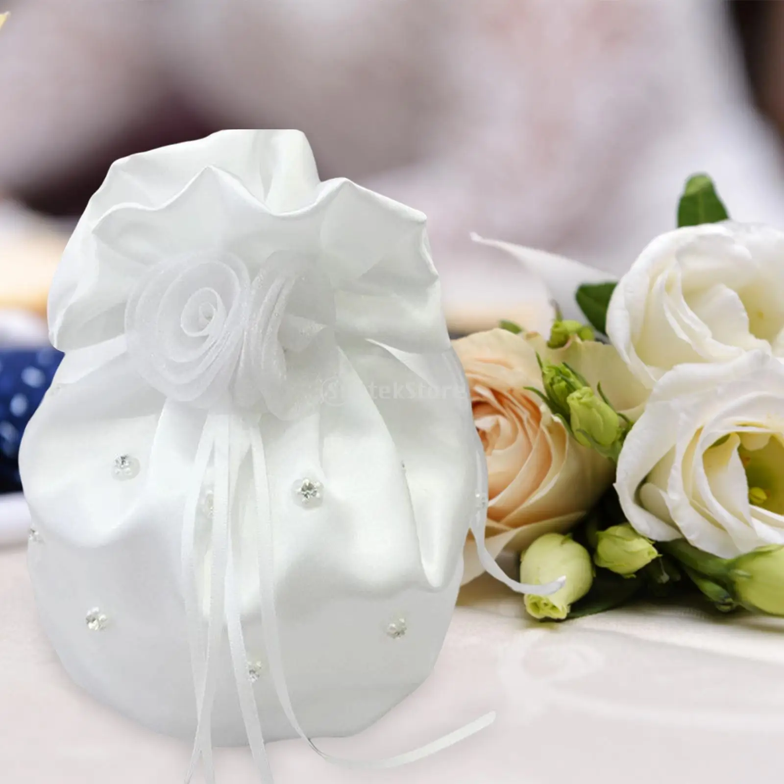MagiDeal Satin Pearl Rhinestone Wedding Bridal Flowers Girls Dolly Bag Handbag Wedding Party Favors Gifts Candy Bag