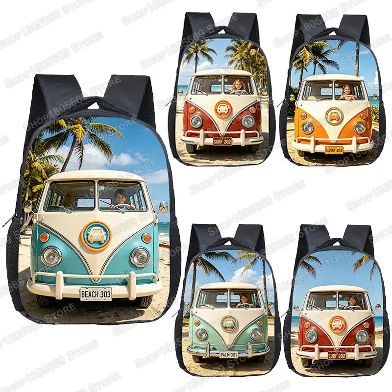 Custom Your Image Backpack Vintage Camper Van Bookbags Tropical Beach Palm Tree Kids School Bag Girls Boys Travel Daypack