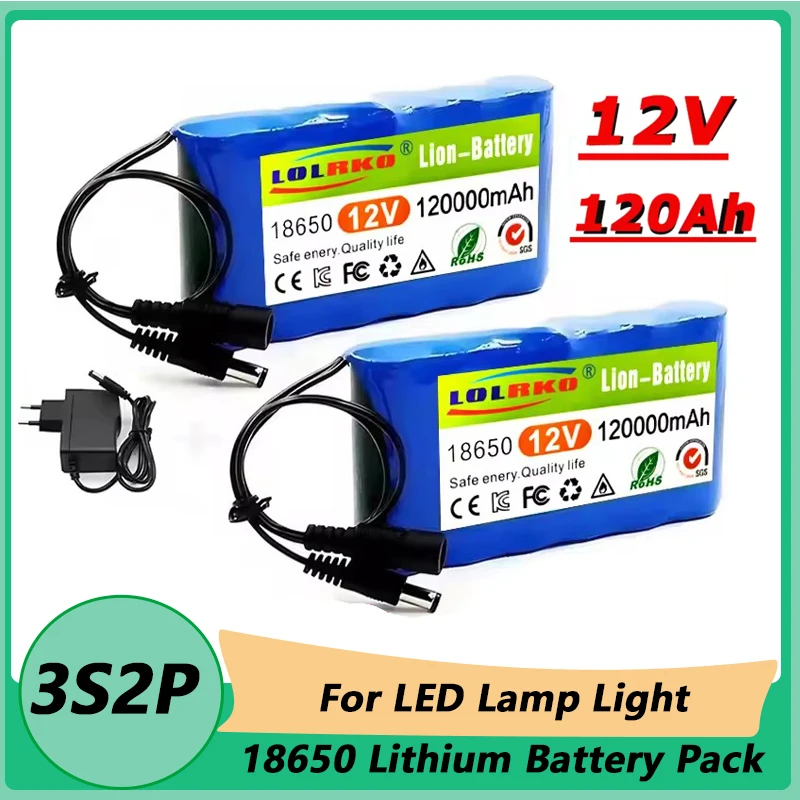 12V 120000mAh 3S2P battery pack 18650 lithium-ion battery with BMS protection board+12.6V charger