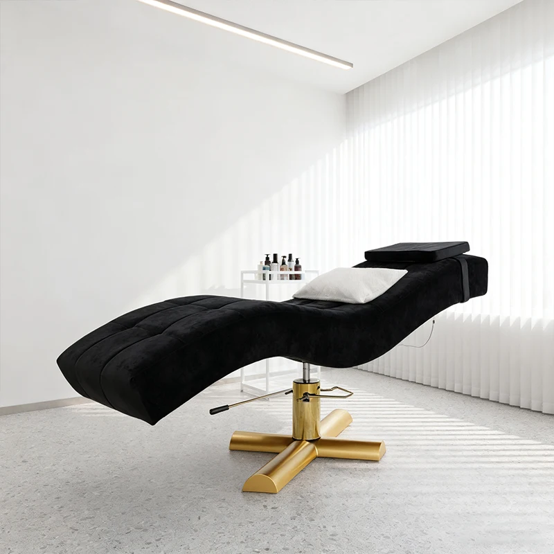 Modern Golden Curved Massage Bed for Beauty Salons Black Leather Eyelash Eyebrow Tattoo Bed Rotatable Adjustable for Gym Use