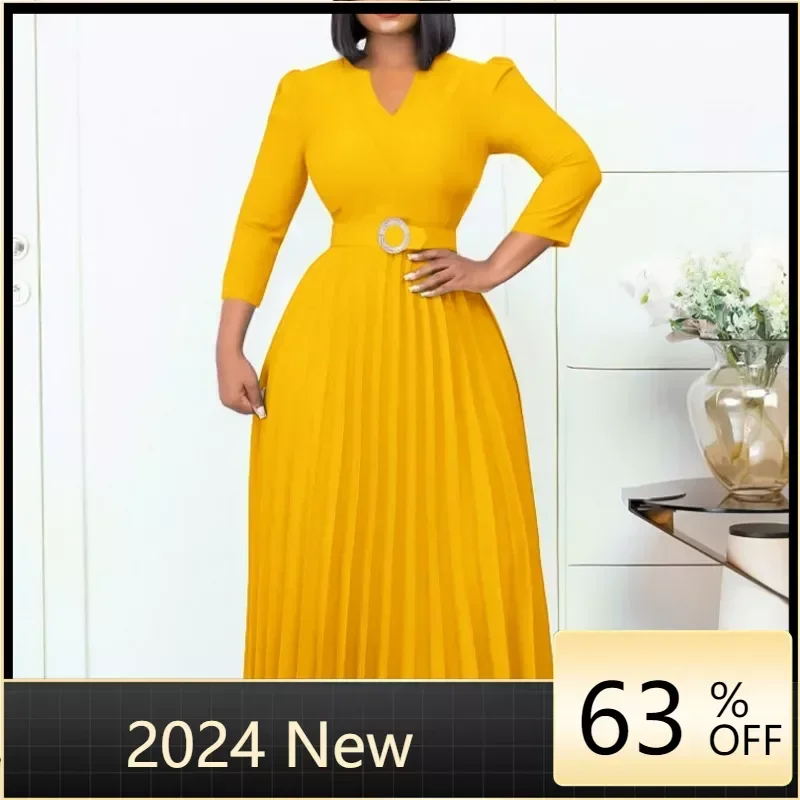 

2024 African Dresses for Women Summer Elegant African Office Ladies V-neck 3/4 Sleeve Pleated Dress Evening Party Robe with Belt