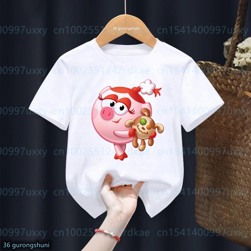 Camiseta de dibujos animados para niños y niñas, Camiseta con estampado gráfico de Smeshariki, ropa informal de verano para niños, Tops de camisa blanca