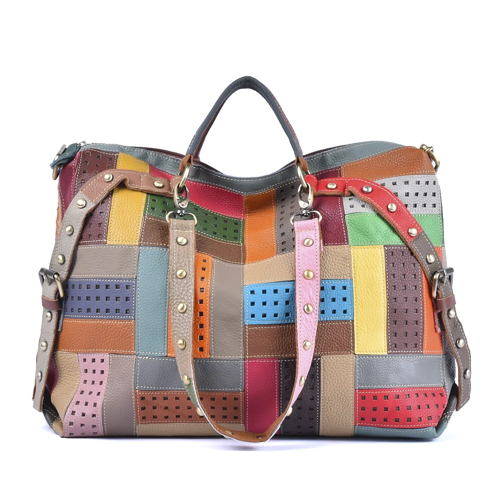 Colorful Stripe Pattern Clash Large Capacity Single Shoulder Crossbody Genuine Leather Cowhide Ladies Tote Bag