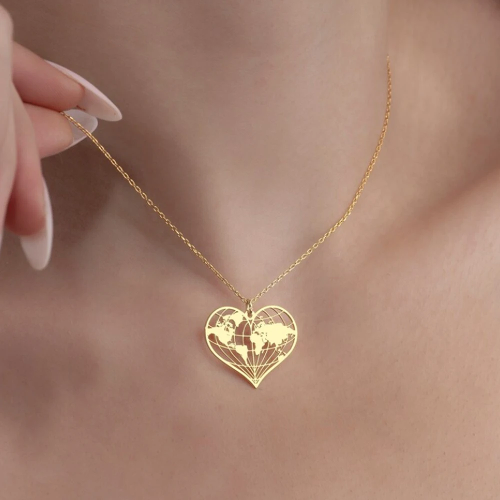 Heart shaped World Map Necklace World Map Pendant Heart shaped Globe Jewelry Traveler Gift Global Traveler Necklace