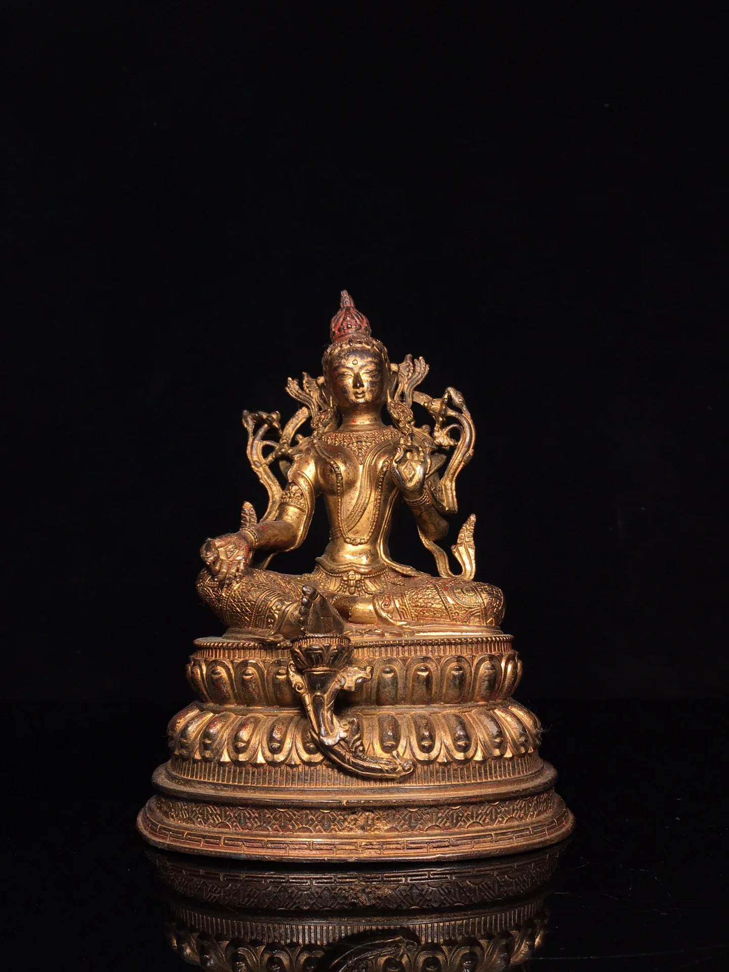 

9"Tibetan Temple Collection Old Bronze Cinnabar Mud gold Green Tara Sitting Buddha Double Lotus Platform Worship Hall