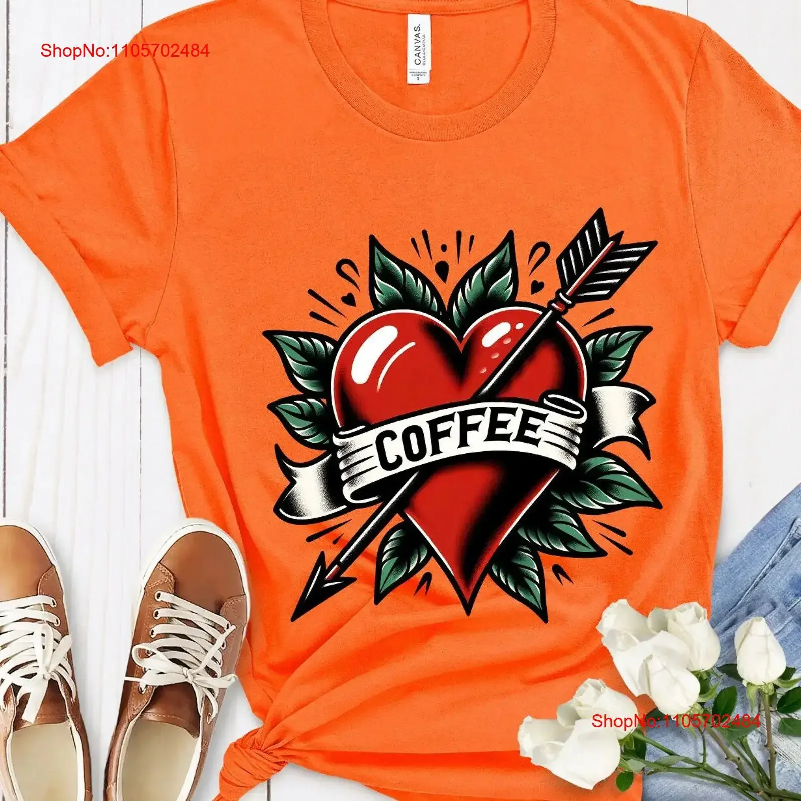 Valentine's Day Coffee Lovers T Shirt Heart Green Leaves Arrow Perfect for Him and Her Casual Wear Eco Friendly vintage Washed