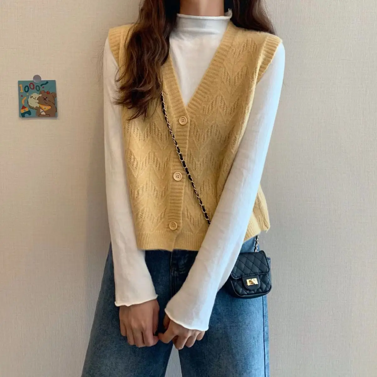 V-neck Vest Women 2023 Autumn Knitted Korean Style Fashion Vintage All-match Students Loose Solid Casual Office Lady Comfortable