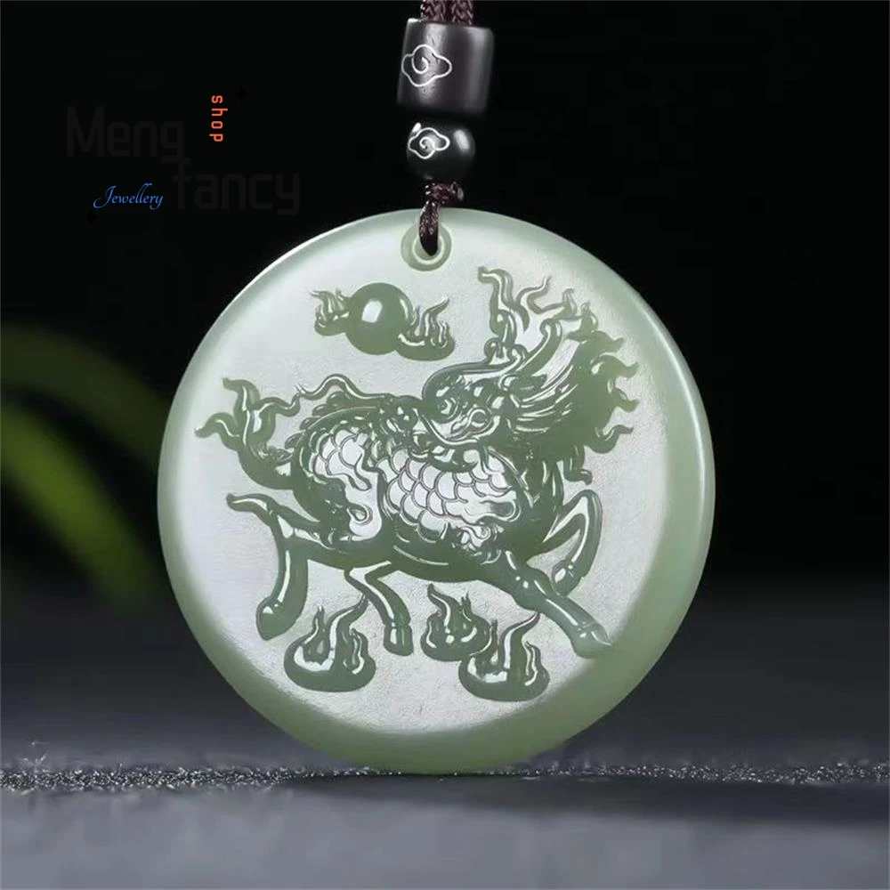 Hetian Green Jade Fire Unicorn Plaque Pendant Exquisite Elegant Simple High-grade Luxury Fashion Jewelry Mascots Holiday Gifts