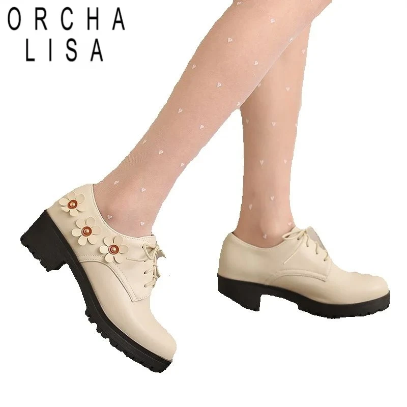 

ORCHA LISA 2025 Design Sweet Женские туфли-лодочки с круглым носком и блочным каблуком 5 см, шнуровка с цветком, большие размеры 42 43 44 45 US14 Повседневная весенняя обувь